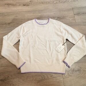 NWT Aspen Cream Wool‎ Blend Crew Neck Sweater with Purple Trim Size Small S